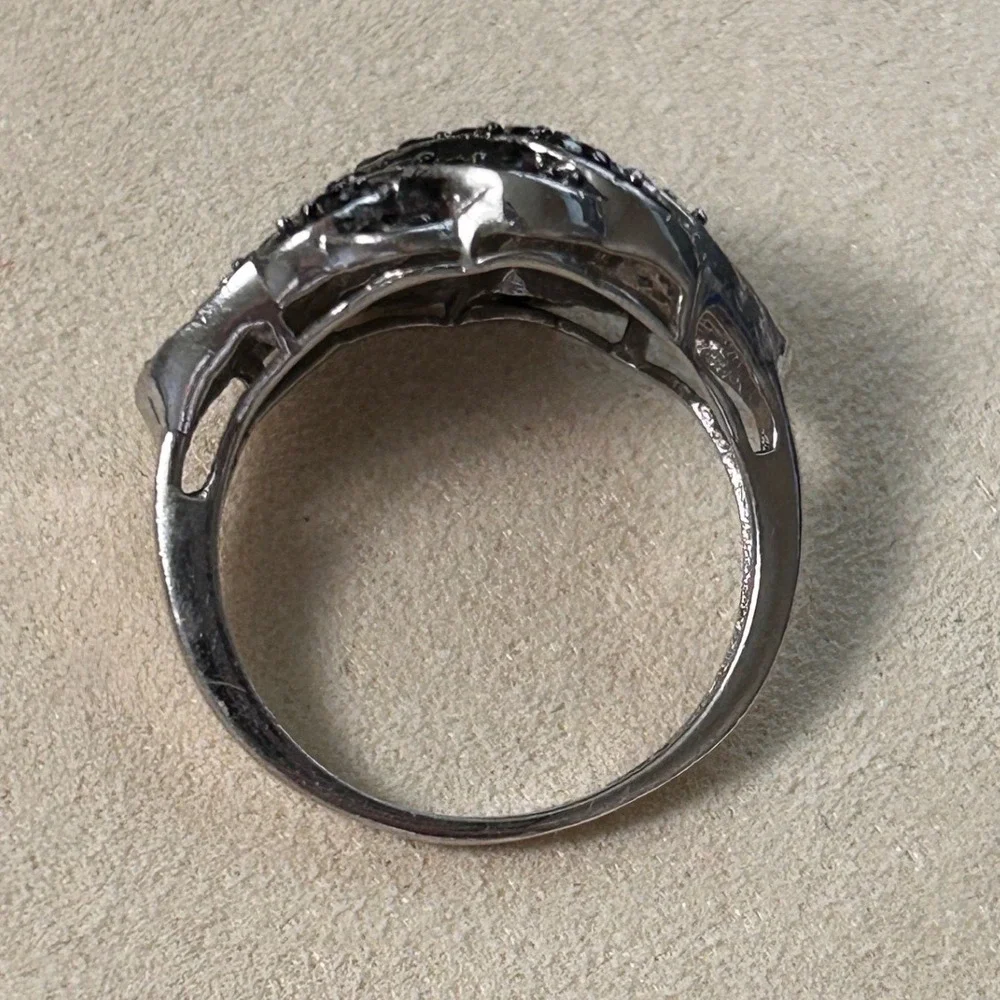 Sterling Silver 925 Black and White Stone Woven Lattice Statement Ring Size 7.25